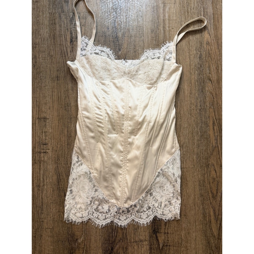 Finesse Cream Satin Corset Lace Mini Dress Size Small Ivory Boned Coquette EUC - Picture 2 of 6